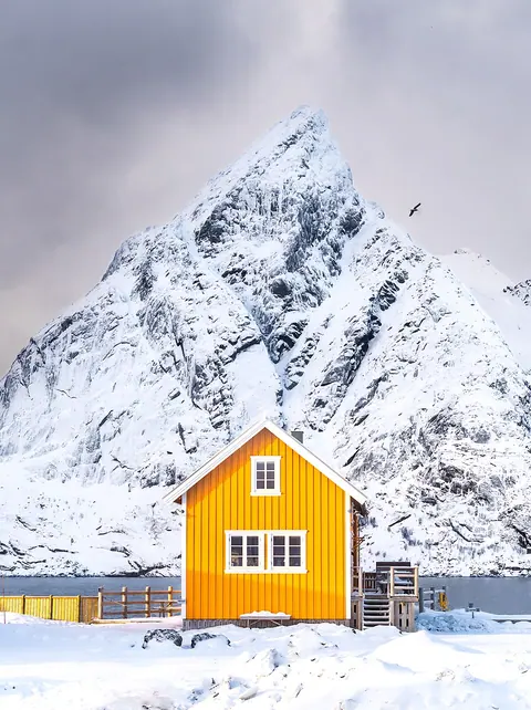 Sakrisøy 的独栋 Olstindbua 黄房子，白色窗框、黄色外墙，背后是白雪覆盖的 Olstind 山峰